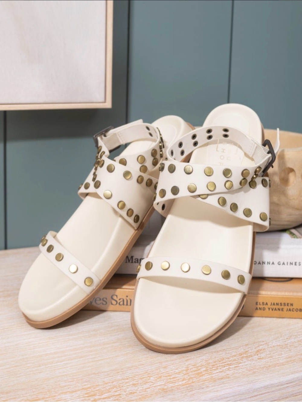 ShuShop Cecily Bone Studded Cross-Strap Sandals with Gold Accents